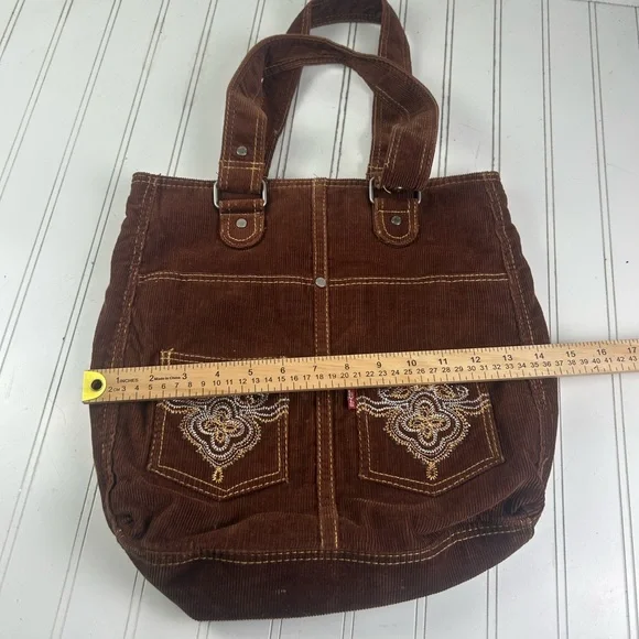 Leviโs Vintage Y2K Brown Corduroy Tote Bag Embroidered Front Pockets Unisex - Picture 4 of 10